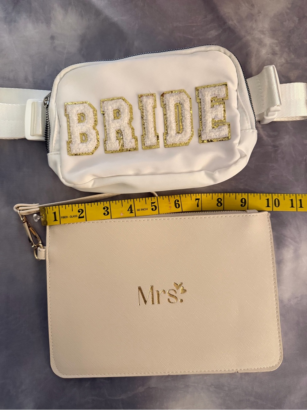 Bride White Fanny Pack with Gold Trim & Mrs. Wristlet